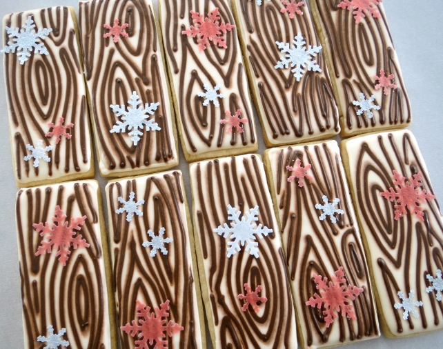 Woodgrain cookies and snowflake wafer paper